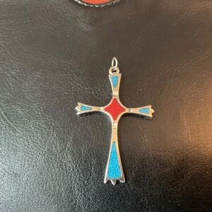 Silver tone turquoise and coral cross